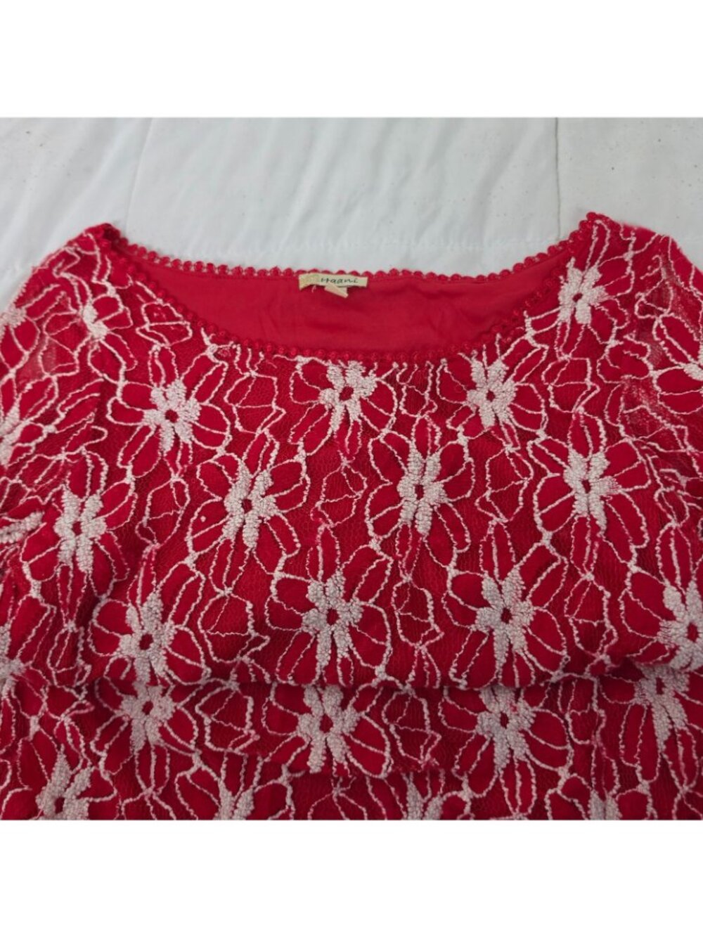 Haani Lace Dress Medium Red Floral Bell Sleeve Fit Flare Boho Romantic Coquette - Picture 10 of 15